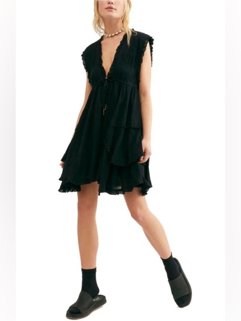 Free People Antoinette Black Plunge Tiered Mini Dress Size Medium Ruffle Boho